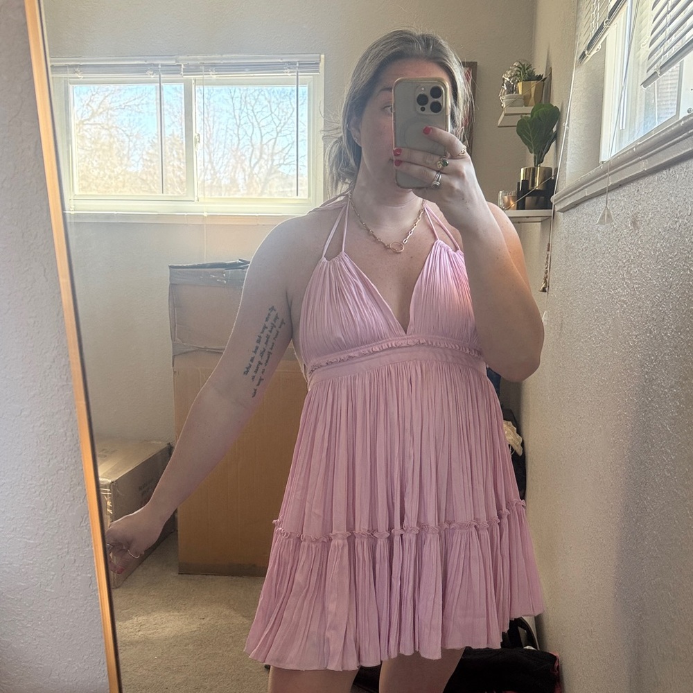 Free People Pastel Pink Halter Pleated Mini Dress